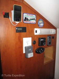 Based on years of experience, we placed all the controls for heaters, the rooftop Golite and music right next to our bed.