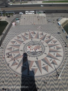In front of the Discoveries Monument this huge inlayed mosaic of a compass rose and the world was a graphics image of the many Portuguese explorations and discovers, a gift from South Africa.