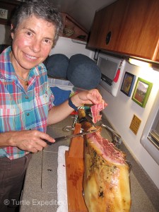Monika is cutting some of her birthday Jamón Ibérica de Bellota ham for hors d’oeuvres. 
