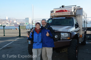 We give ourselves a thumbs-up having completed our second crossing of Eurasia, this time from West to East.