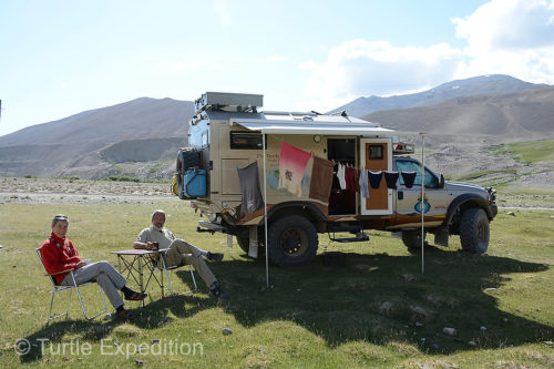 At just over 13,000 feet in the Pamir Mountains of Tajikistan we enjoyed the morning sun and took the opportunity take a hot shower and to dry some clothes. No laundromats in sight here.